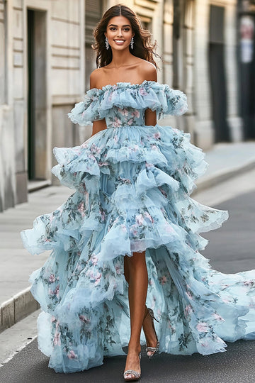 Robe de bal asymétrique en organza bleu à volants à épaules dénudées